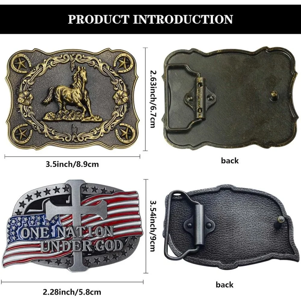 Men Gold 2 Pieces Western Cowboy & American Flag Cross Belt Buckle